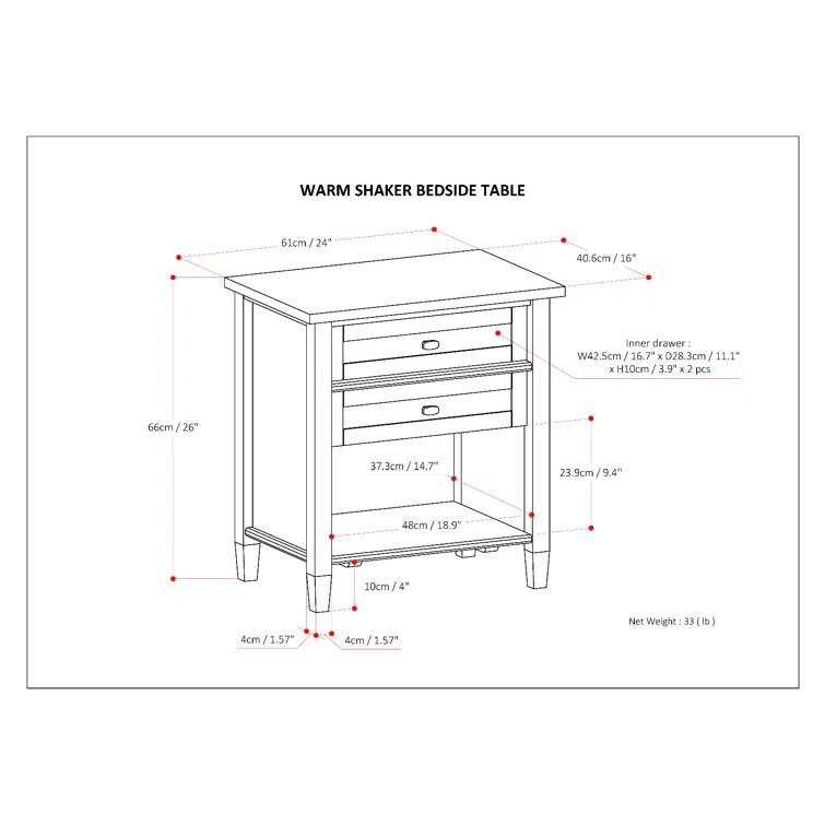Simpli Home Warm Shaker 24"W Solid Wood Bedside Table with Two Drawers