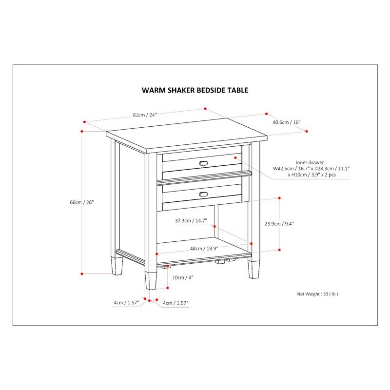 Simpli Home Warm Shaker 24"W Solid Wood Bedside Table with Two Drawers