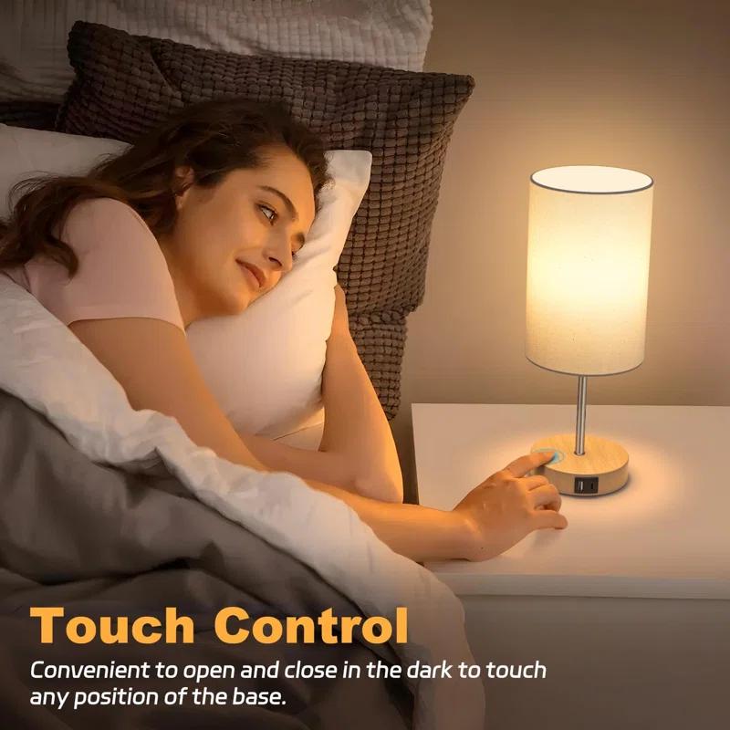 Ebern Designs Table Lamp For Bedroom, 3 Way Dimmable Touch Lamp With Dual Charging Station, Small Bedside Lamps For Night Stands, Living Room, Office(LED Bulb Included)