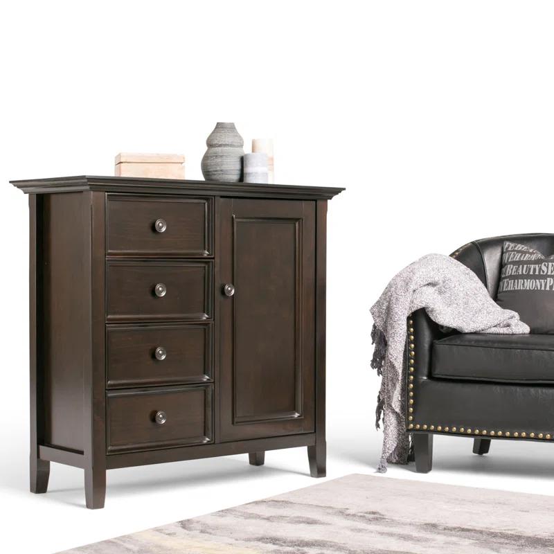 Simpli Home Amherst 32"W Solid Wood 2-Shelf Low Storage Cabinet with Adjustable Shelves and Tapered Legs