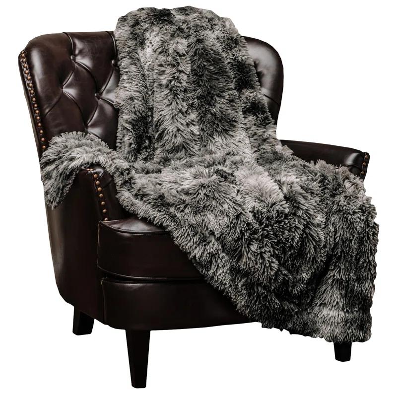 Chanasya Wolf Faux Long Fur Throw Blanket - Soft, Fuzzy Throw Blanket - 50" x 65” - Dark Gray