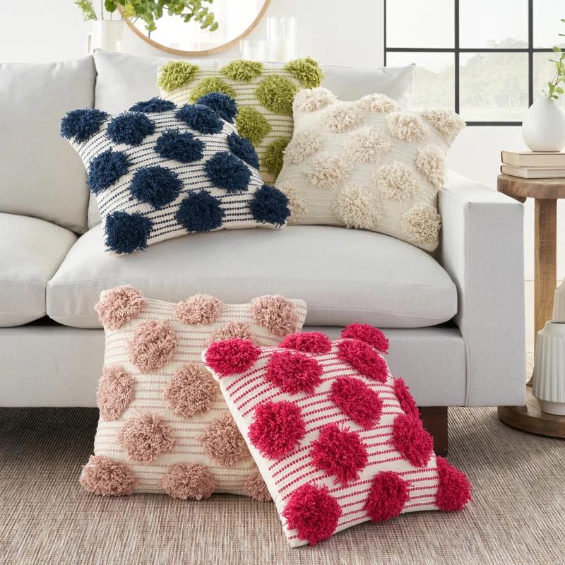 Mina Victory Pom-poms Cotton Reversible Throw Pillow