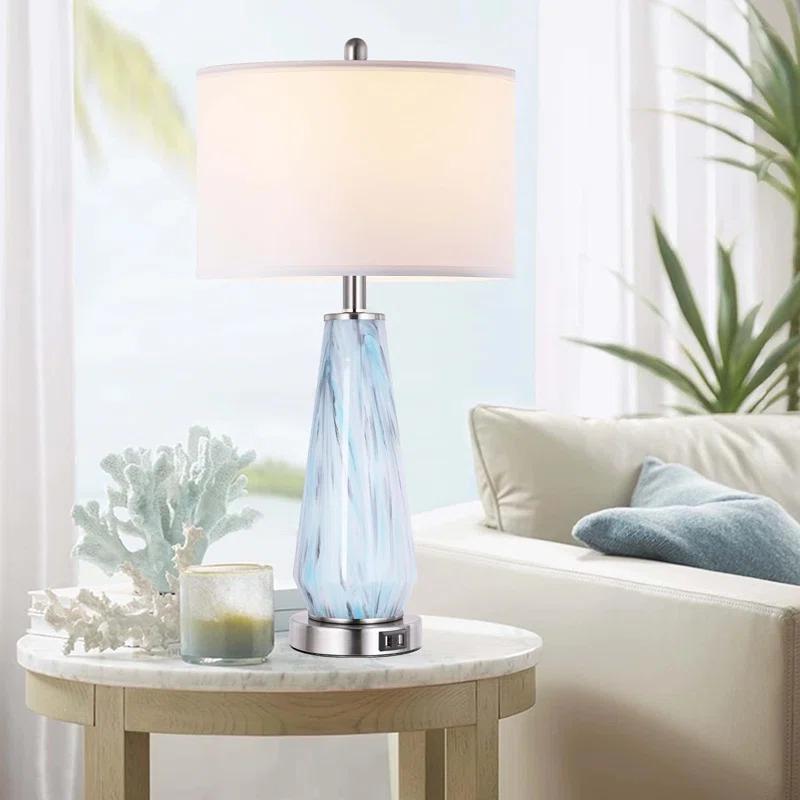 Brayden Studio® Modern Table Lamp Set Of 2 Touch Control, 27" Tall Faded Swirl Blue Gray Art Glass Bedside Lamp With USB Ports, 3-Way Dimmable Hand Crafted Nightstand Lamps White Drum Shade For Living Room, Bedroom