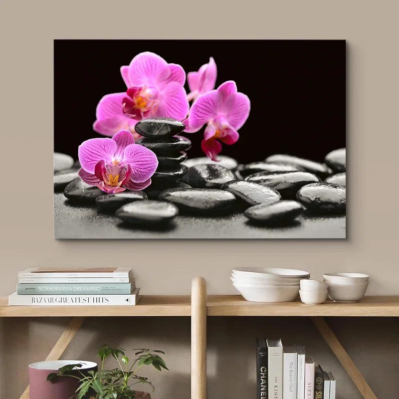 IDEA4WALL Zen Stones Purple Orchid Flowers Black Beach Pebbles Nature Wilderness On Canvas Print