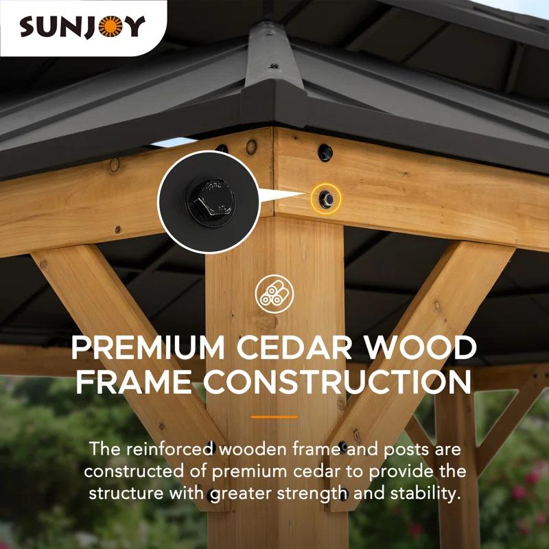 Sunjoy Sunjoy 12x16 ft. Wood Gazebo, Outdoor Patio Steel Hardtop Gazebo, Cedar Framed Wooden Gazebo with 2-tier Metal Roof, Suitable for Patios, Lawn and Backyard