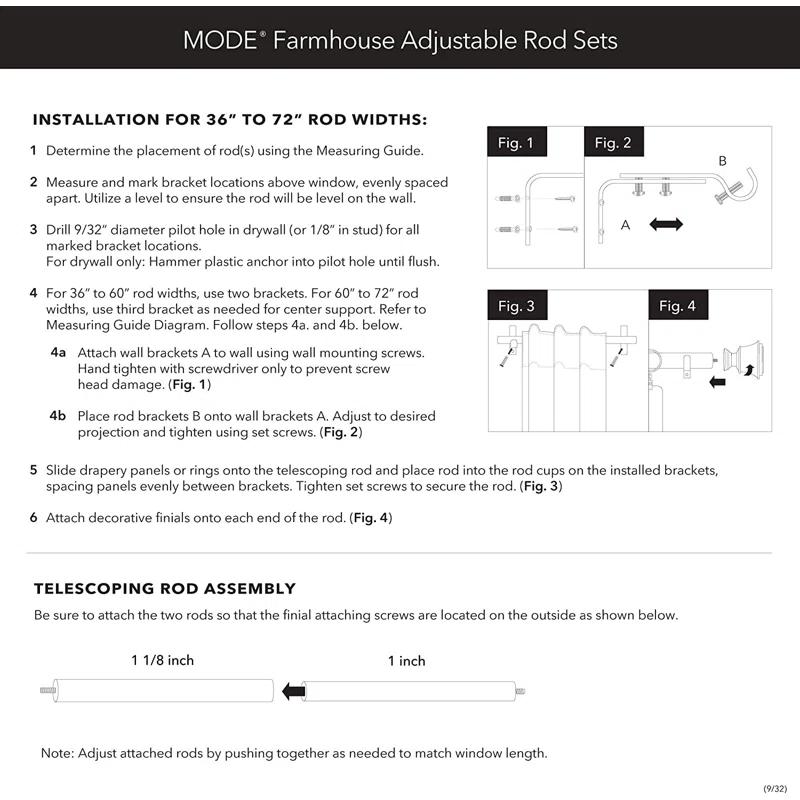 MODE Mode Farmhouse Collection 1 1/8 in Diameter Curtain Rod Set with Cottage Square Finials and Steel Wall Mounted Adjustable Rod