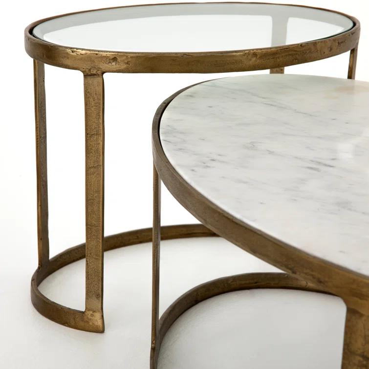 Gold and White Oval Marble Glass Nesting Coffee Table