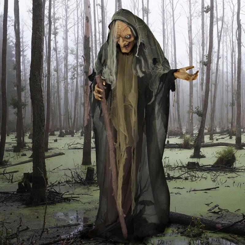 Haunted Hill Farm Life-Size Poseable Witch with Lights and Sound, Indoor/Covered Outdoor Halloween Decoration