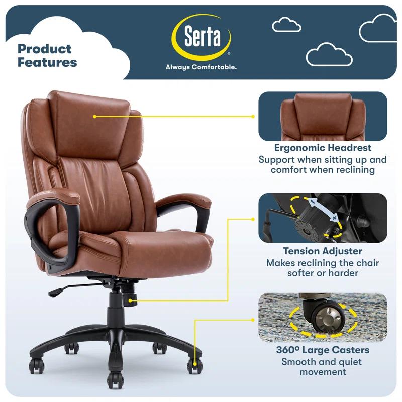 Serta Serta Garret Executive Office Chair, Ergonomic Lumbar Support, Semi-Plush Cushion, Body Pillows