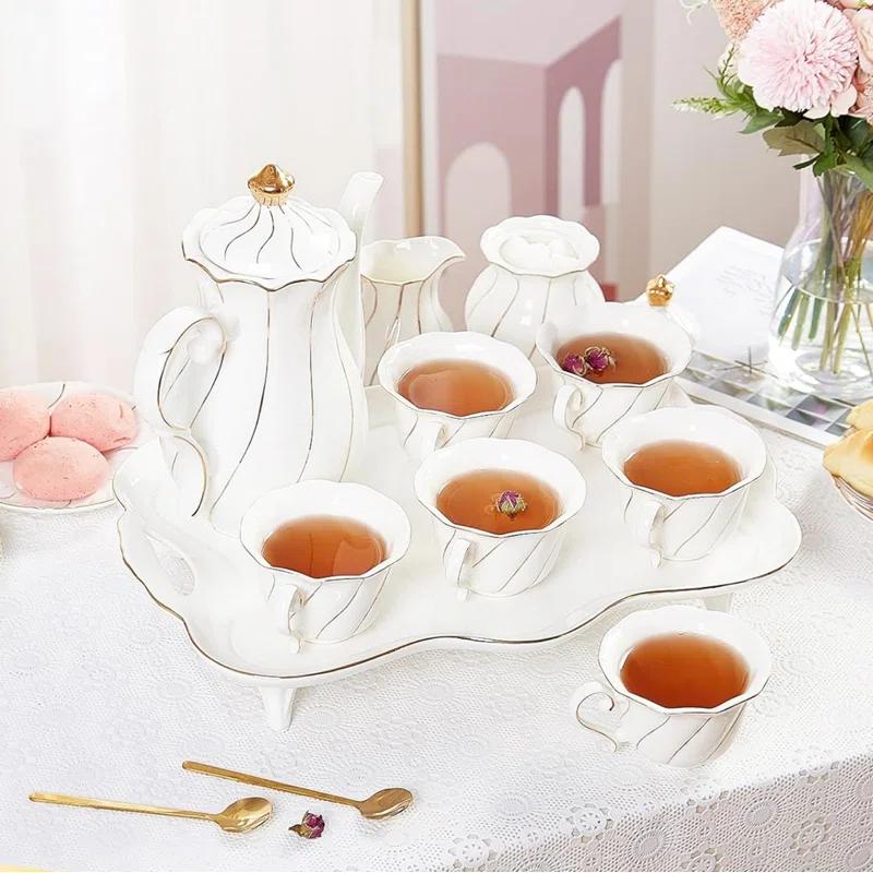 Red Barrel Studio® 14 Pcs Tea Set For 6 With Tea Tray & Spoons, Luxury British Style Tea/Coffee Cup Set With Golden Trim, Beautiful Porcelain Tea Set For Living Room Decor, Tea Party Set, Gift Package - White