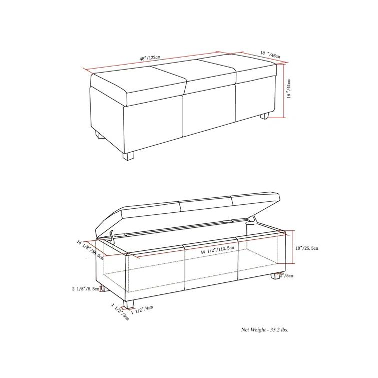 Simpli Home Avalon 48"W Upholstered Storage Ottoman Bench with Large Interior Storage
