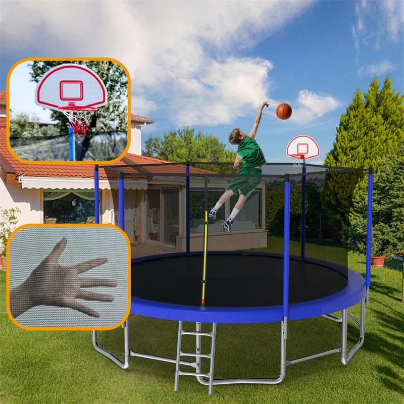16FT Trampoline With Balance Bar  And  Basketball Hoop And Ball, ASTM Approved Reinforced Type Outdoor Trampoline With Enclosure Net