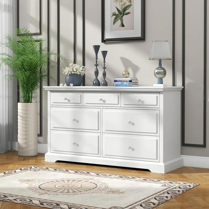 Raydyn 7 Drawers White Double Dressers Chests for Bedroom, Large Storage Dressers Organizer for Bedroom, Long Dresser Tv Stand, Vintage Solid Tall Closet Dressers with Storage for Living Room, Hallway