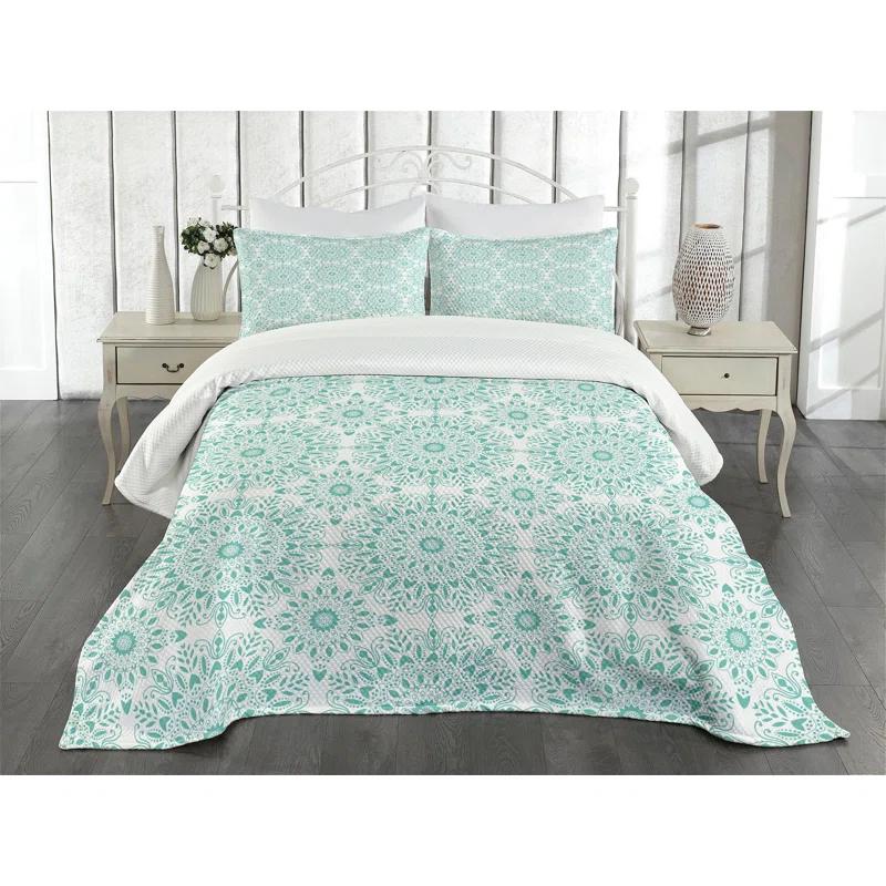 Ambesonne Ambesonne Mandala Bedspread Set Oriental Swirls Aqua and White