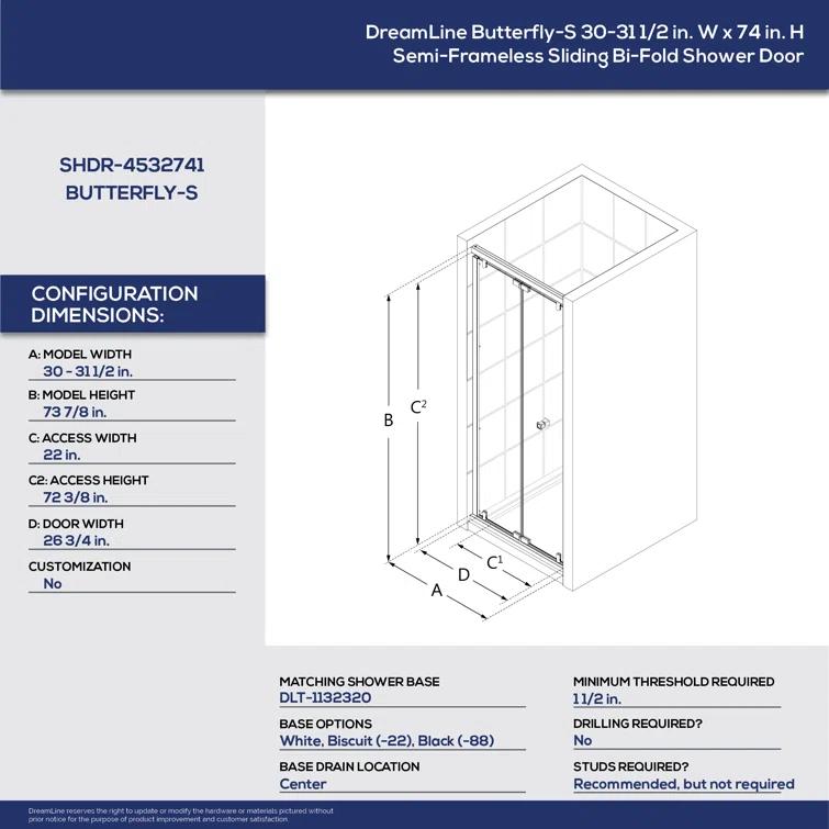 DreamLine Dreamline Butterfly-S 30-31 1/2 In. W X 74 In. H Semi-Frameless Sliding Bi-Fold Shower Door In Brushed Nickel SHDR-4532741-06