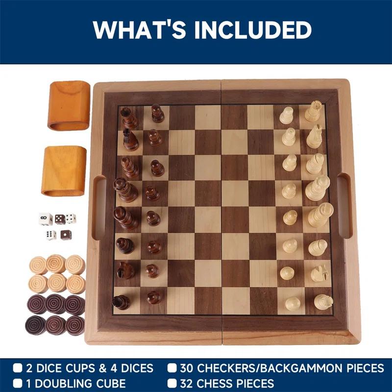 GSE 3-in-1 Wooden Folding Chess, Checker and Backgammon Board Game Combo Set