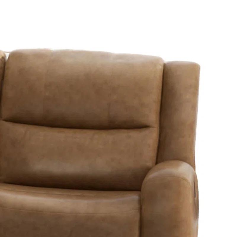 Benjara Leos Sofa, Manual Reclining, Contour Armrest, 88 Inch, Wood, Brown Leather