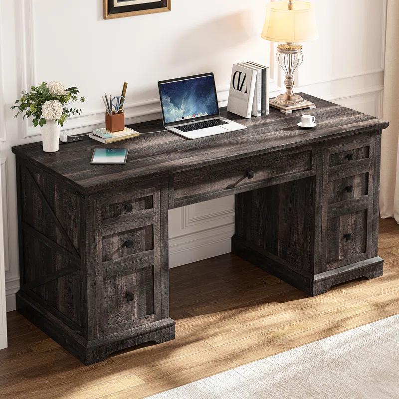 August Grove® 55'' W Computer Desk With Outlet, Farmhouse Executive Desk With 7 Drawers For Office Home