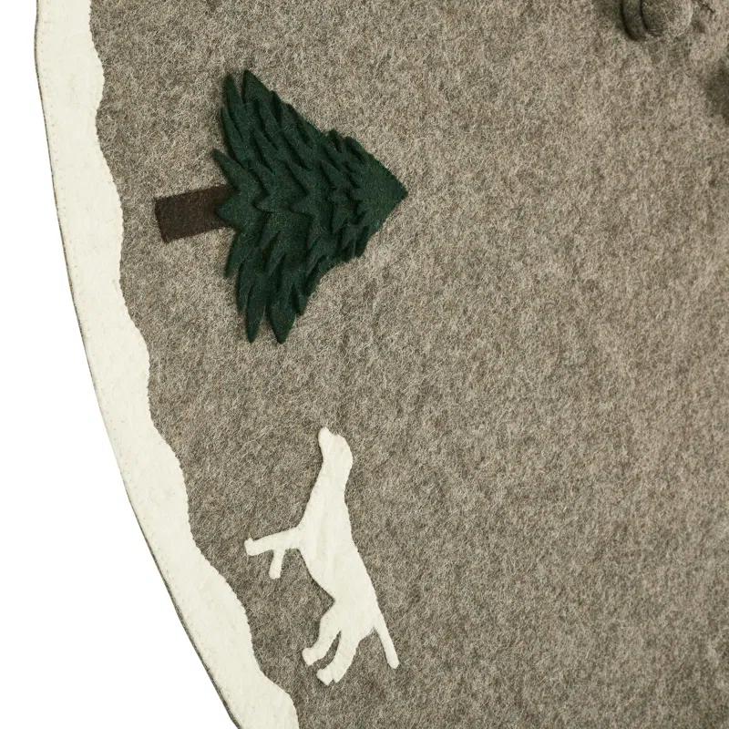 Arcadia Home Cream Dogs and Green Trees Christmas Tree Skirt on Gray in Hand Felted Wool