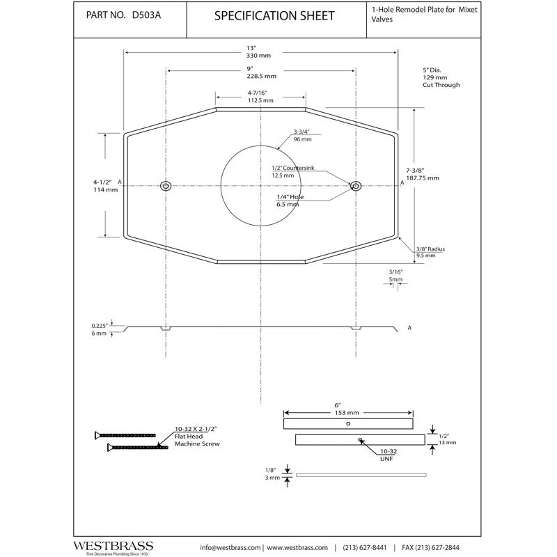 Westbrass D503-26 One-Hole Remodel Cover Plate for Mixet Bathtub and Shower Valves