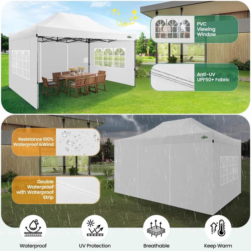 Cobizi 10x15 Heavy Duty Pop up Canopy Tent with 4 sidewalls Commercial Outdoor Canopy Wedding Party Tents for Wedding All Season Wind & Waterproof Gazebo with Carry Bag, Black(Frame Thickened)