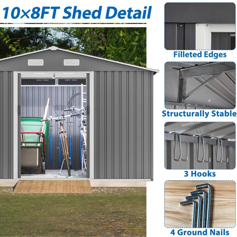 TYUNABRN 10X8 FT Outdoor Tool Storage Shed With Metal Foundation & Lockable Doors
