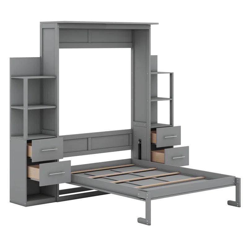 Cosmic Full Size Murphy Bed Wall Bed with Shelves, Drawers and LED Lights