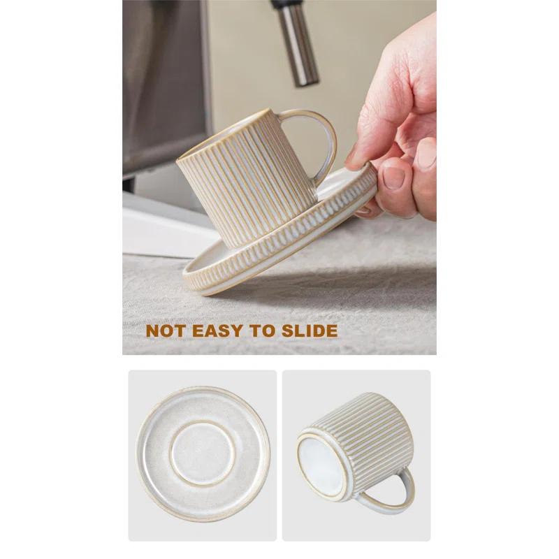 shuoli Star Espresso Cups And Saucers Set Of 4, [ Mini ] 3 Oz Ceramic Small Coffee Mug With Handle, Ribbed Stoneware Demitasse Cup For Tea, Latte - Microwave & Dishwasher Safe - Cappuccino White