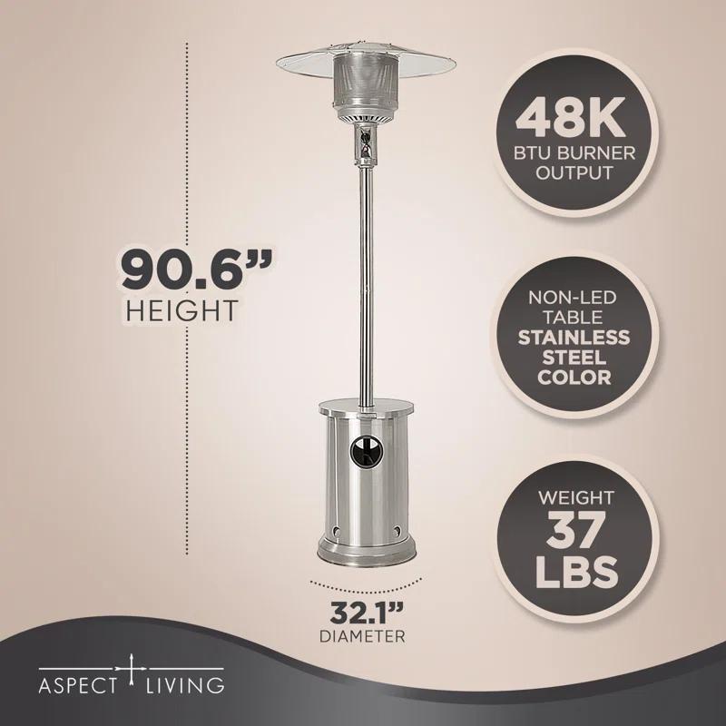 AspectLiving Patio Heater with Table 48,000 BTU Output Electronic Ignition System with Wheels- Stainless Steel