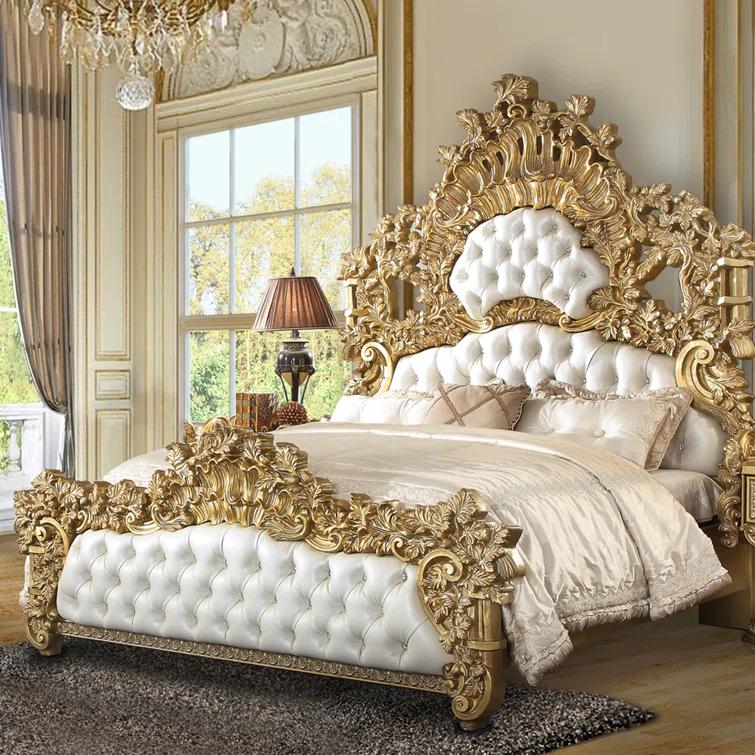Benjara Rexx King Bed, White Faux Leather Victorian Carved, Classic Gold Wood