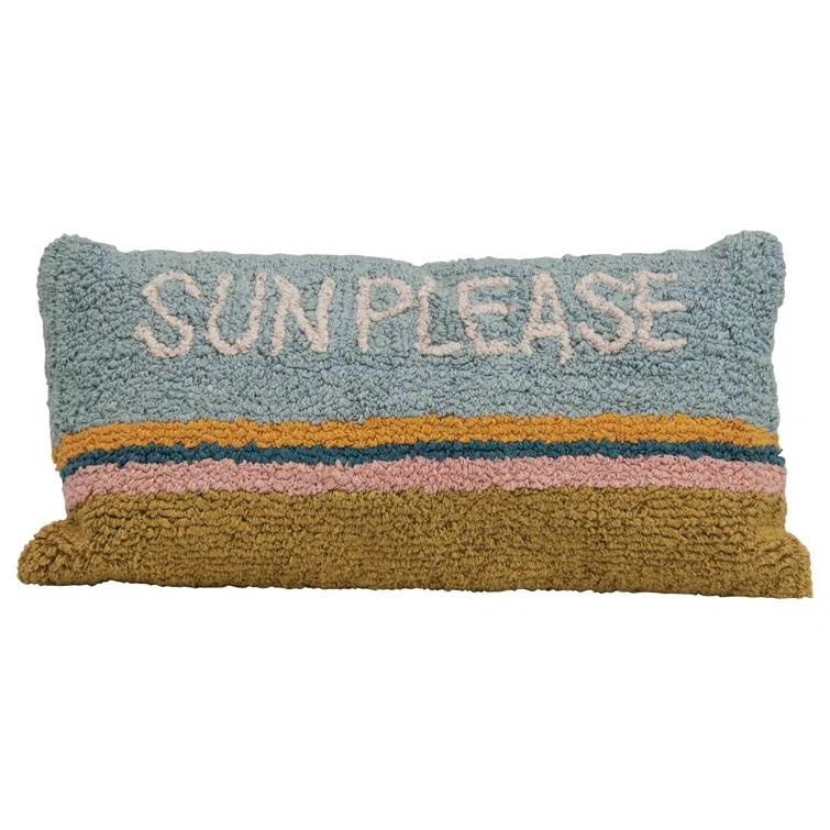 Creative Co-Op Woven Cotton Punch Hook Lumbar Pillow with "Sun Please" Design