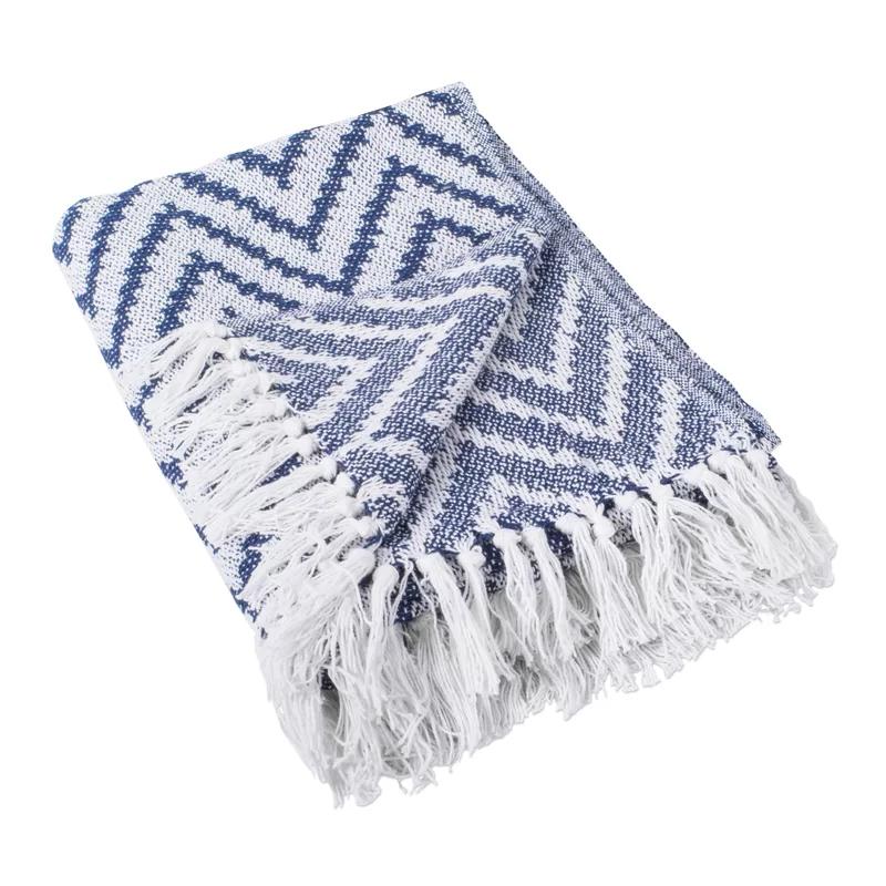 Nautical Blue Chevron Cotton Throw Blanket with Fringe