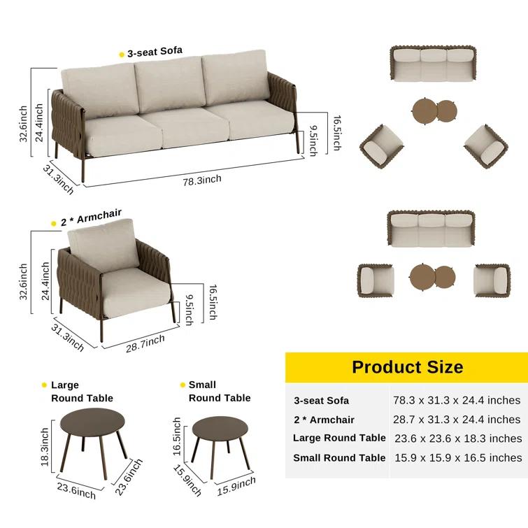 EAST OAK Patio Furniture Set 5 Pieces Sofa with Two Round Coffee Table  and Waterproof Thick Cushion Deep Seating