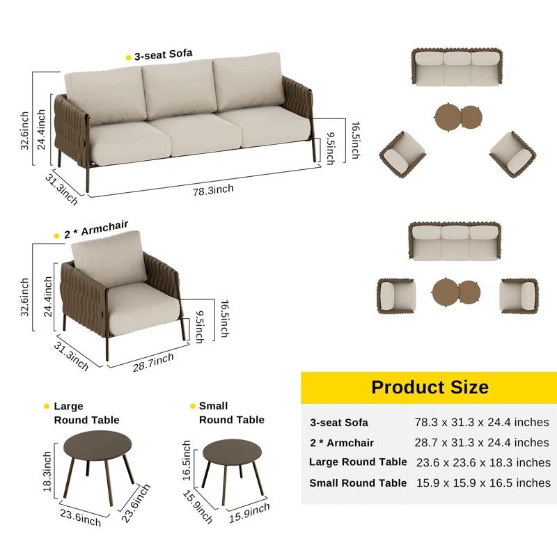 EAST OAK Patio Furniture Set 5 Pieces Sofa with Two Round Coffee Table  and Waterproof Thick Cushion Deep Seating