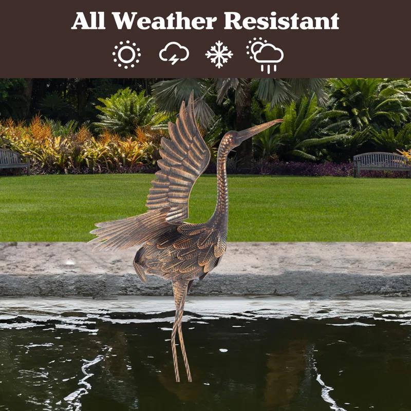 Red Barrel Studio® Flying Crane Garden Statue - 35-Inch-Tall Metal Yard Art Crane Statues for Outdoor Decor - Yard Crane Garden Sculptures & Statues - Lawn Ornaments for Patio, Pond, or Backyard by Pure Garden