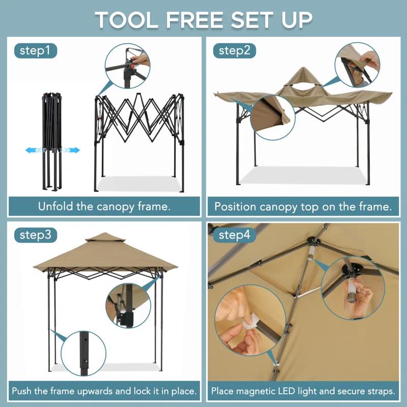 Sunjoy SUNJOY 8' x 5'  Pop up Grill Gazebo Double Tiered Outdoor Gazebo Standing-Height Canopy with Magnetic LED Light, Adjustable Ceiling Height, for BBQ,Picnics, Outdoor Events