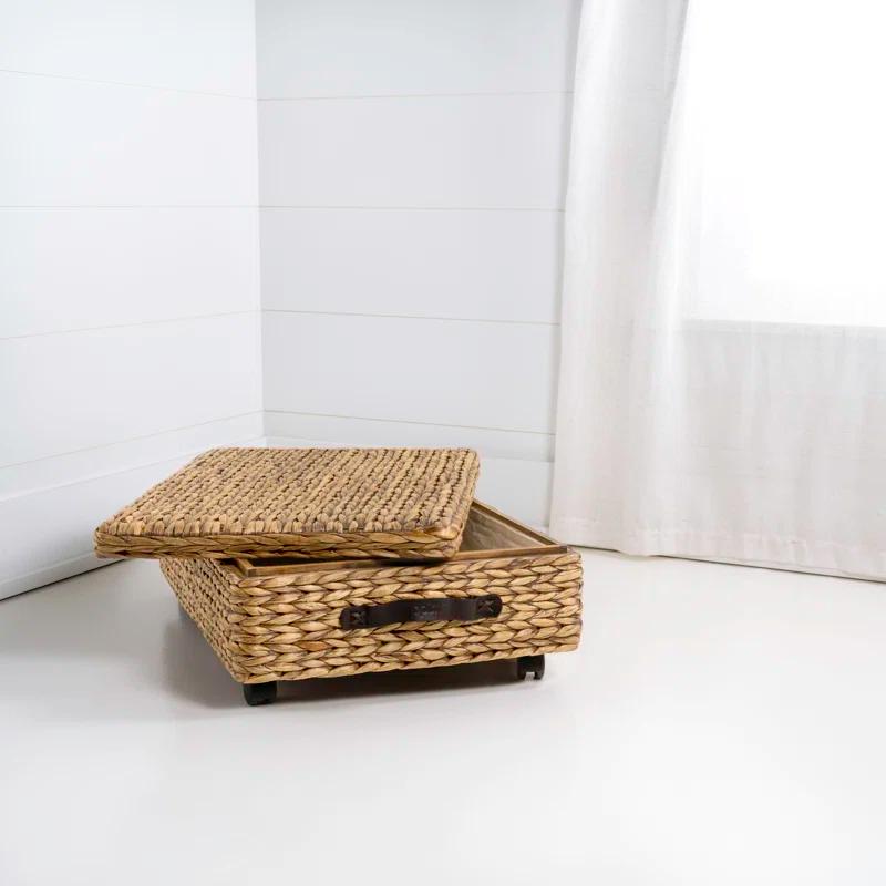 happimess Chett 26.38" Minimalist Hand-Woven Hyacinth/Wood Underbed Storage Bin with Wheels and Handles