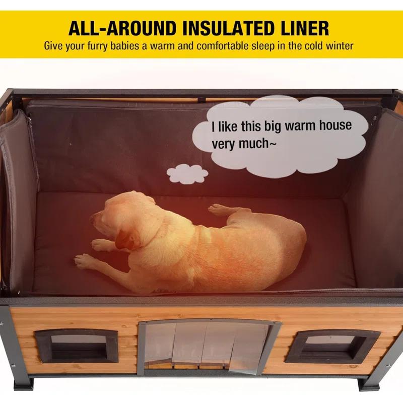 Archie & Oscar™ Insulated Outdoor Dog House with Insulated Liner, Anti-Chewing Iron Frame Wooden Dog Kennel with Unique Design Roof, Weatherproof Dog House for Outdoor Indoor
