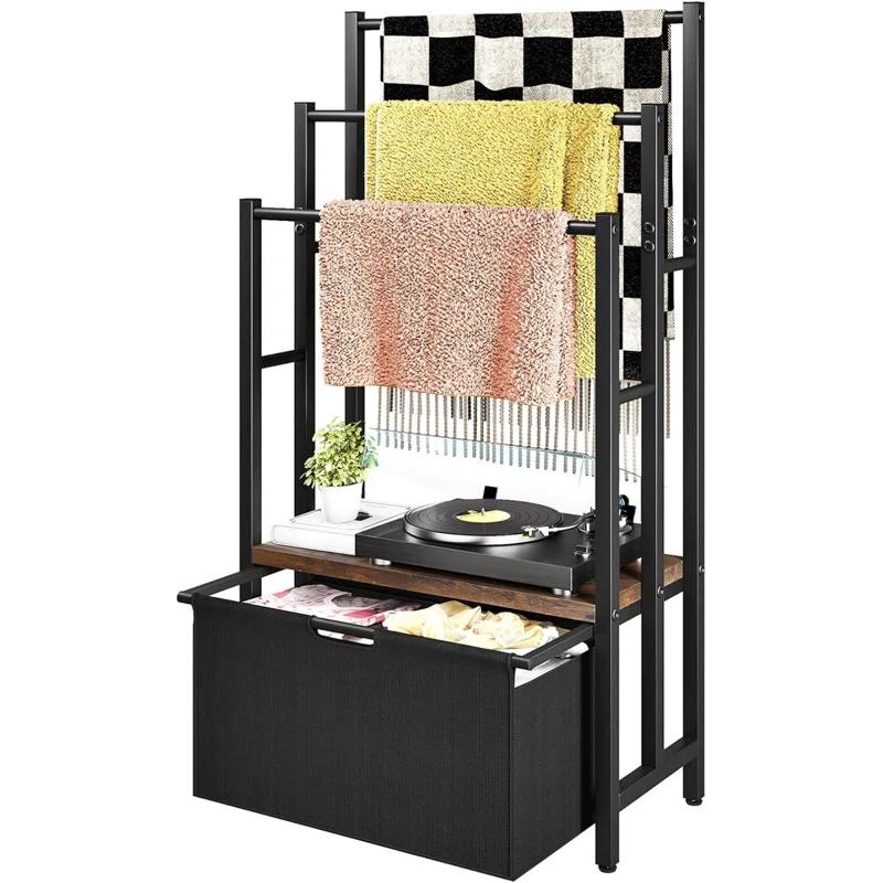 Freestanding Towel Rack With Drawers, SDXYSTCE 3 Tiers Standing Blanket Racks For Bedroom, 23.6" L X 11.8" W X 43.3" H, Blanket Holder With Shelf, Upgrade Steady Design,