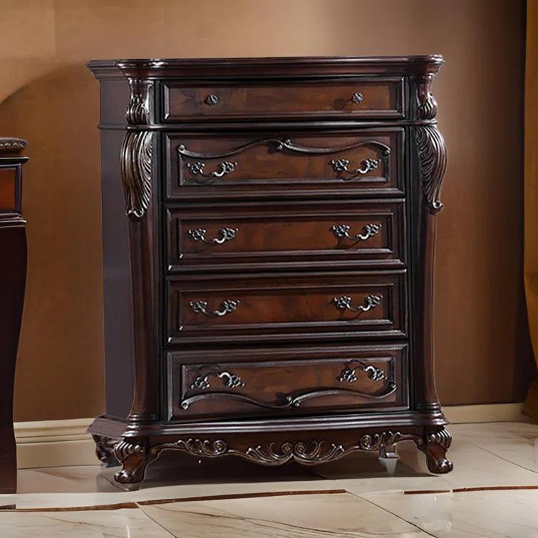 Benjara Venta Tall Dresser Chest, 5 Drawers, Carved Details Cherry Brown Solid Wood | Wayfair