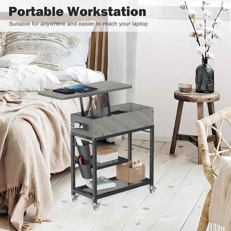17 Stories Lift-Top End Table With Charging Station, Sofa Side Table, Nightstand With Wheels And USB Ports For Living Room, Bed Room, Study
