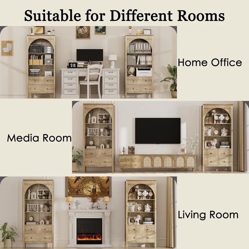 Gracie Oaks Arched Bookcase, Oak Arched Cabinet With Drawers, 71" Tall China Curio Cabinet, Display Cases For Collectibles, Vintage Bookshelf