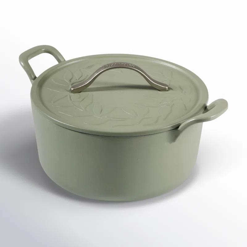 Bloomhouse 7 Qt Cast Iron Dutch Oven w/ Lid, European Enamel, & Walnut Wood Trivet - Oat White