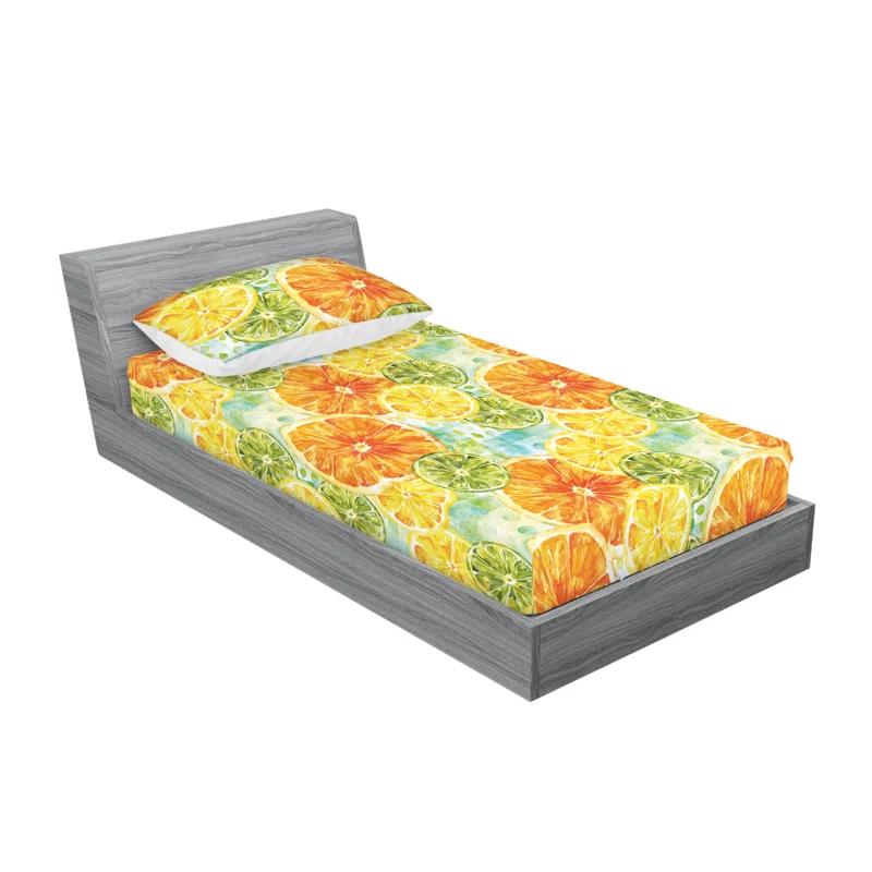 Ambesonne Ambesonne Fitted Sheet & Shams 3 Pcs Summer Slices of Lime Print Yellow Marigold and Green