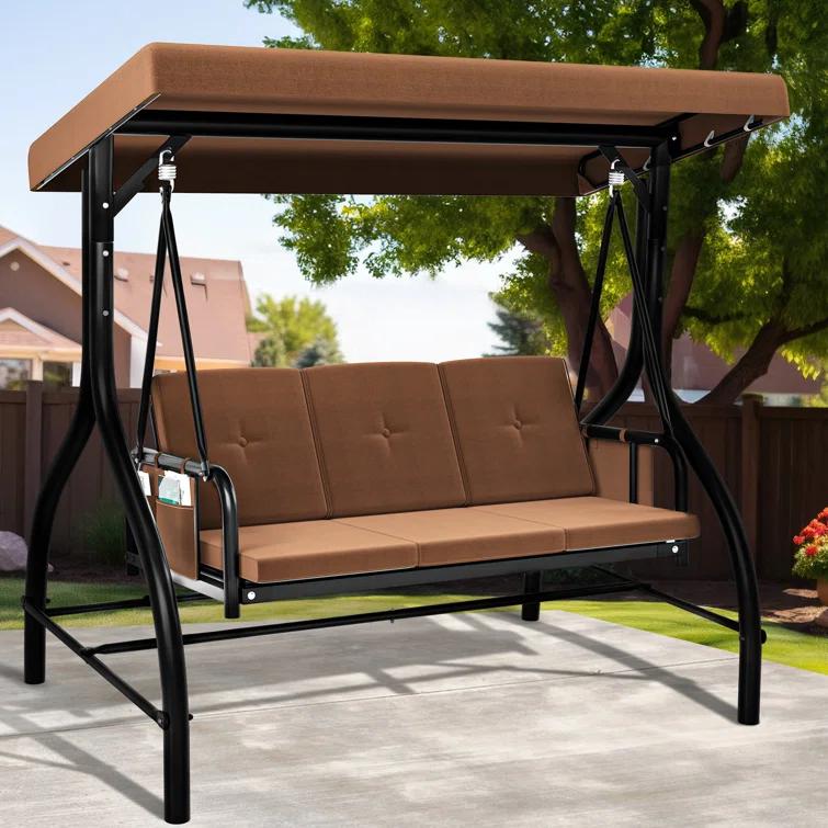 Arlmont & Co. 3-Person Porch Swing with Cup Holders with Removable Cushions and Convertible Canopy