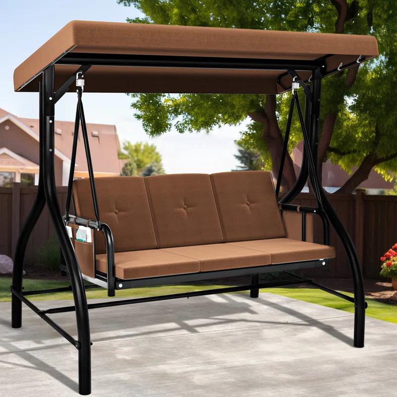Arlmont & Co. 3-Person Porch Swing with Cup Holders with Removable Cushions and Convertible Canopy