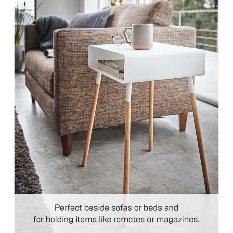 Yamazaki Home Tall Side Table With Storage Shelf, Rectangular Accent Bedside End Table, Steel + Wood