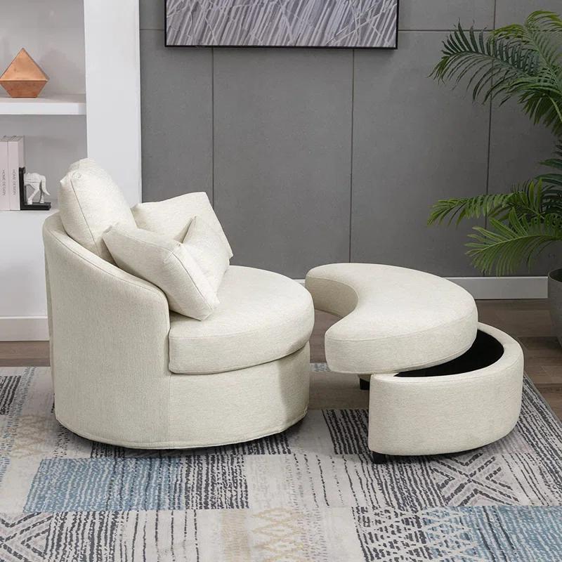 Beige Linen Swivel Barrel Chair with Storage Ottoman