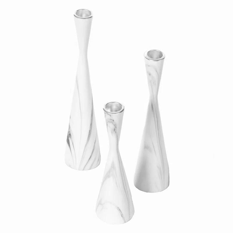 Ivy Bronx Marble Resin Candle Holders - 3 Set Taper Candlesticks for Home Decor, Table Centerpieces, White