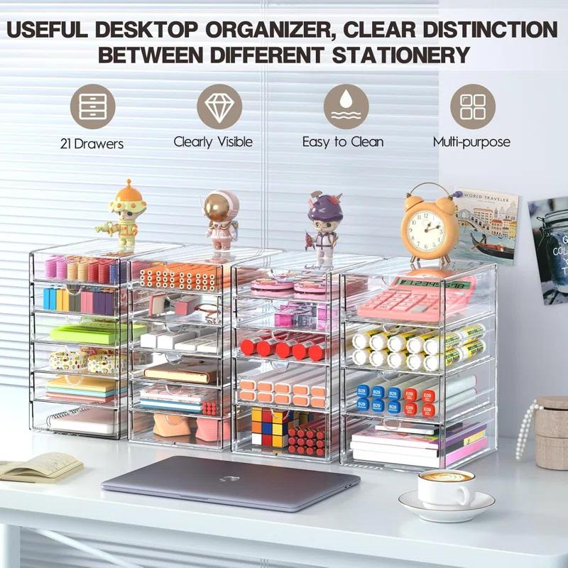 Rebrilliant Acrylic Drawer Organizers - 21 Drawers 4 Set - Clear Storage Drawers For Office Supplies - Stackable Makeup Organizer - Dustproof Desk Organizers For Makeup, Jewelry, Pen, Stationary